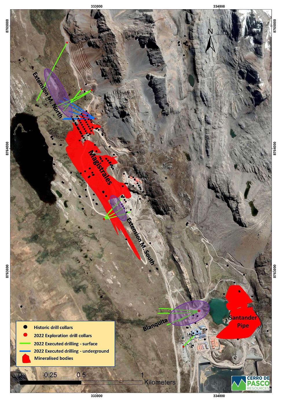 Plan des bisherigen Bohrprogrammes mineralisierte Erzkörper von Magistral and Santander Pipe