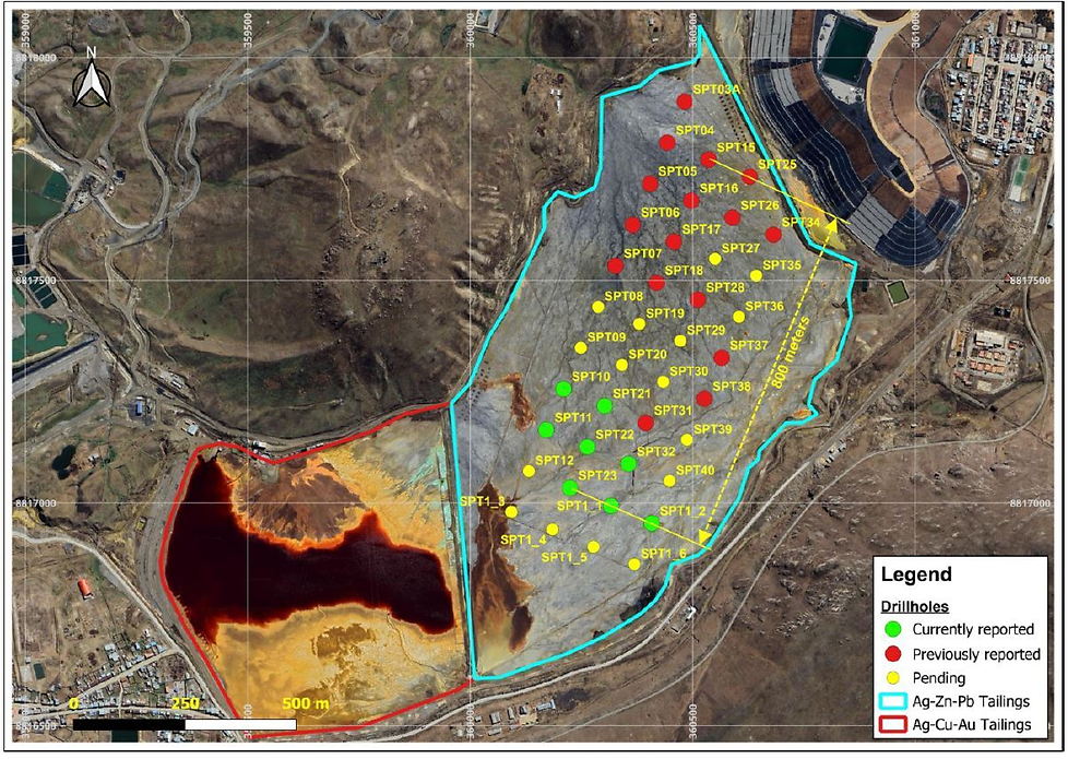 Bisher ver&ouml;ffentlichte und noch zu ver&ouml;ffentlichende Bohrl&ouml;cher des Bohrprogramms, das Ende 2024 auf der Quiulacocha Abraumhalde von Cerro de Pasco Resources durchgef&uuml;hrt wurde.