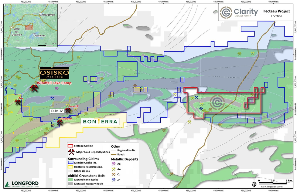 Geologischer Überblick der Region um das Fecteau Projekt im Osten und den beiden westlichen Nachbarn Osisko Mining (von Gold Fields übernommen) und Bonterra Resources