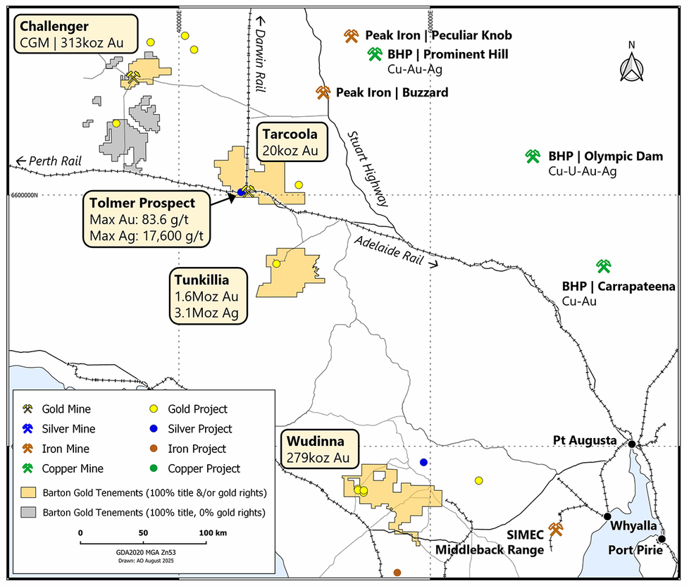 Regionaler Überblick über die Barton Gold Landpakete und benachbarten Minen