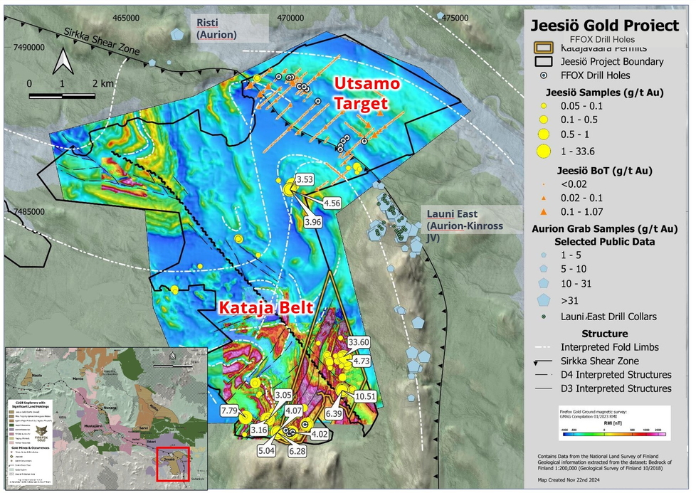 &Uuml;berblick &uuml;ber das Jeesi&ouml; Projekt mit markierten Goldexplorationsergebnissen