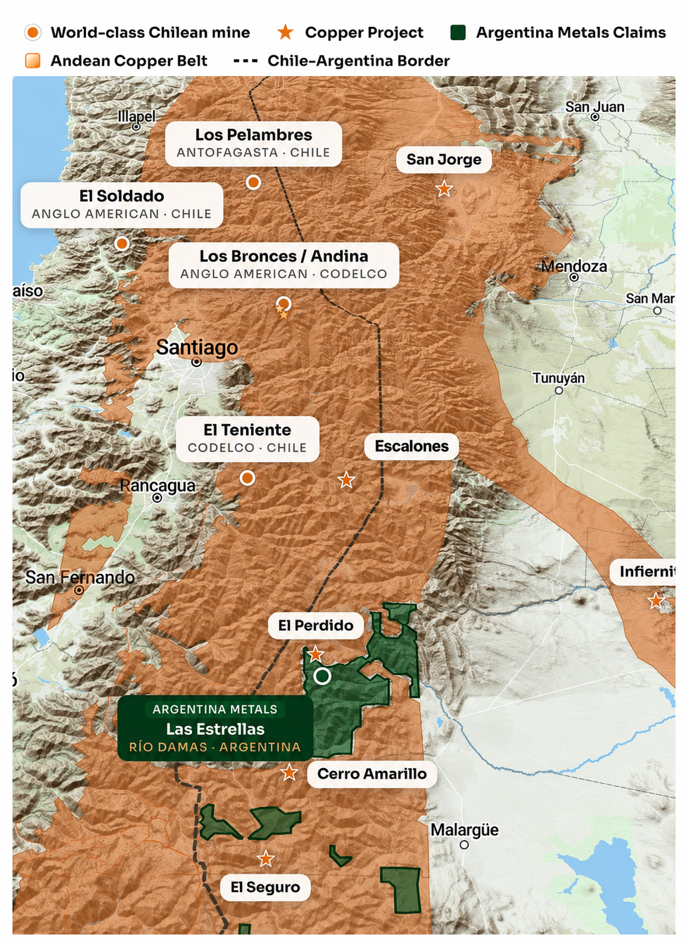 Das Projekt Las Estrellas innerhalb des andinen Kupfergürtels an der Grenze zwischen Chile und Argentinien, nahe bedeutenden Kupferprojekten und Weltklasse-Minen.