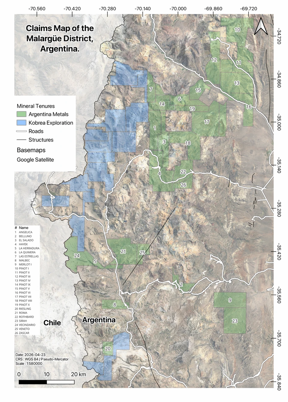 Übersicht der Explorationslizenzen von Argentina Metals in der Provinz Mendoza. Das zusammenhängende Landpaket von insgesamt 146.728 Hektar grenzt an das Projekt El Perdido von Kobrea Exploration an.