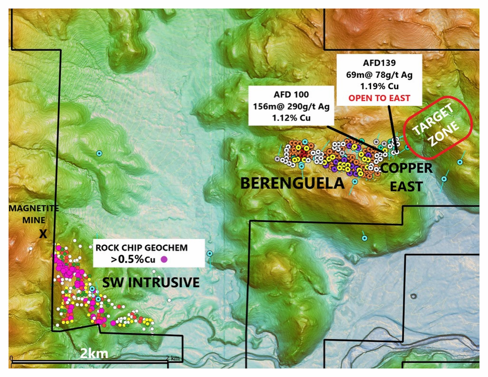 Lage des Explorationsziels "SW Intrusive" im Umfeld des Projekts Berenguela