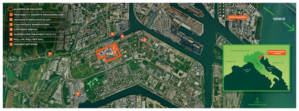Geplante Einrichtungen der Graphitverarbeitungsanlage in Porto Marghera