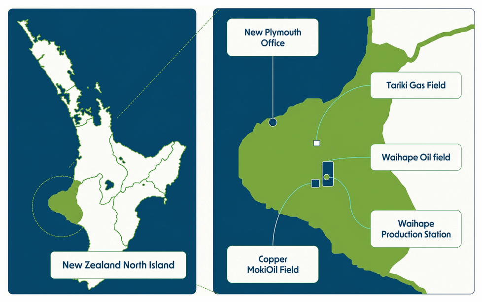 Lagen der Öl- und Gasprojekte von New Zealand Energy in Neuseeland
