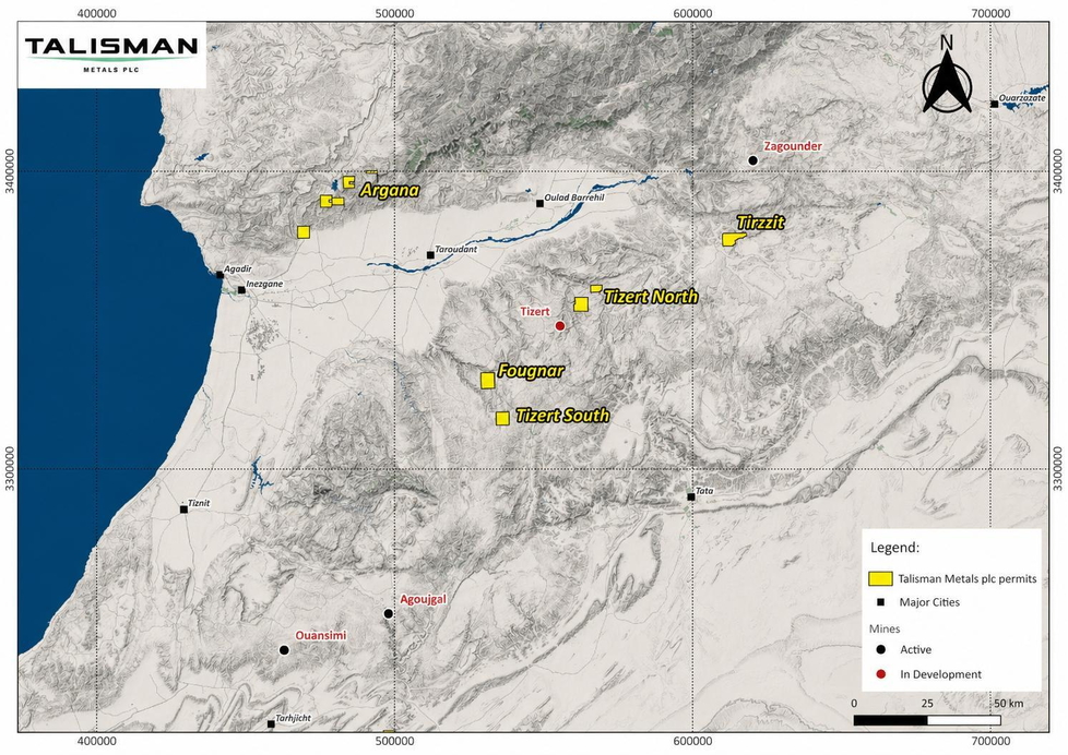 Lagen der Talisman-Metals-Projektgruppen sowie regionale Minen im Atlasgebirge in Marokko 